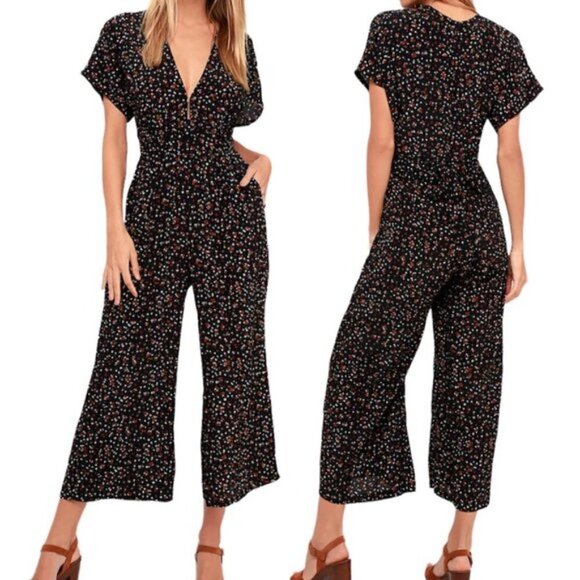 Faithfull The Brand Alena Jumpsuit Black Floral Print Short Sleeve‎ Culotte 4 - Picture 1 of 9